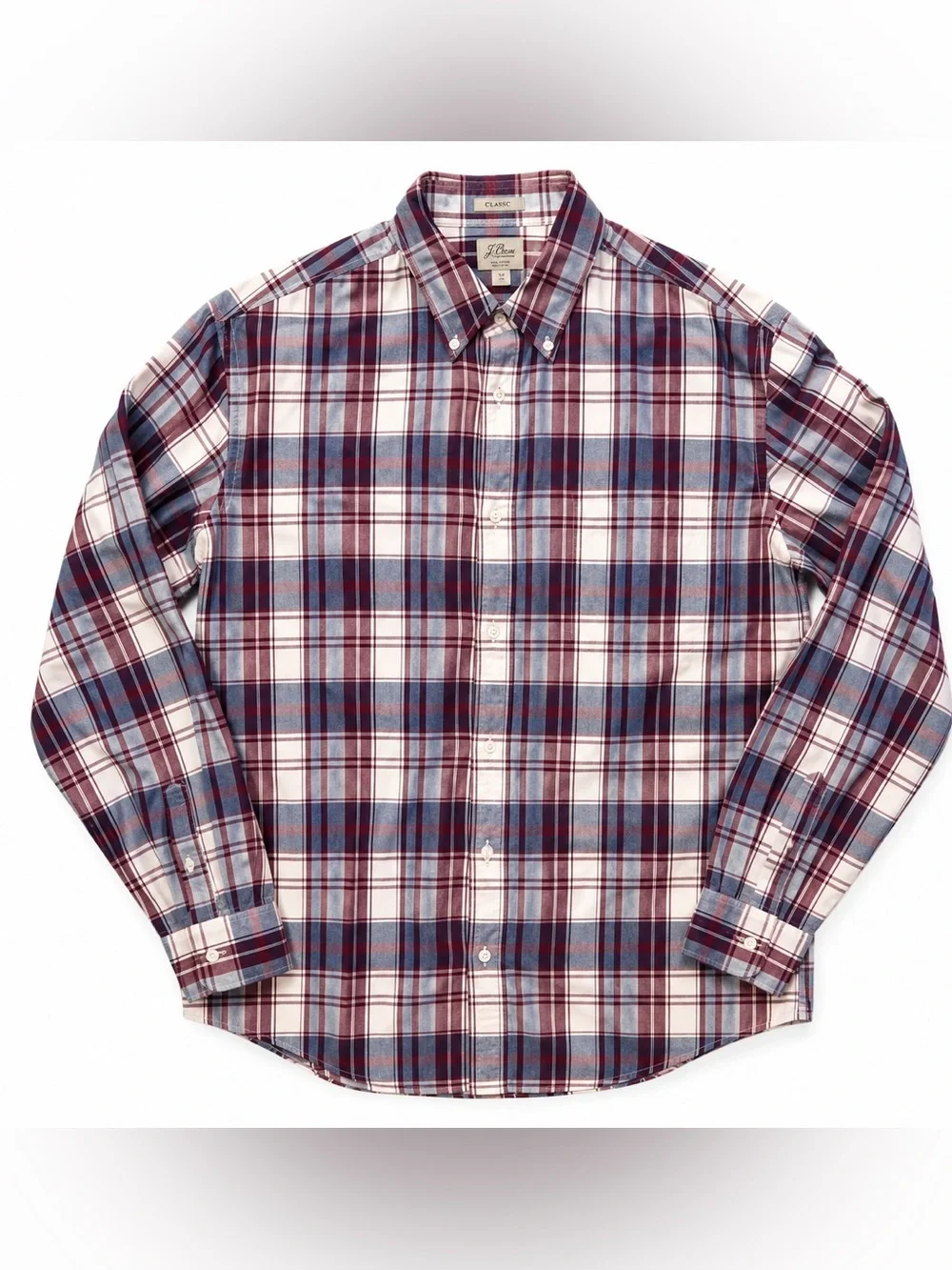 J.Crew Mens Medium Classic Fit Plaid Button Down Shirt Burgundy Blue Cotton
